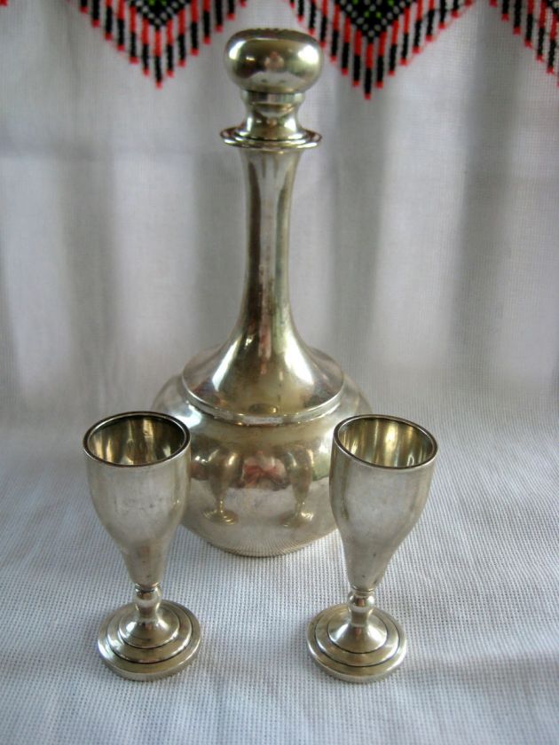 STERLING LIQUEUR SET DECANTER TWO CUPS BY A&G STERLING  