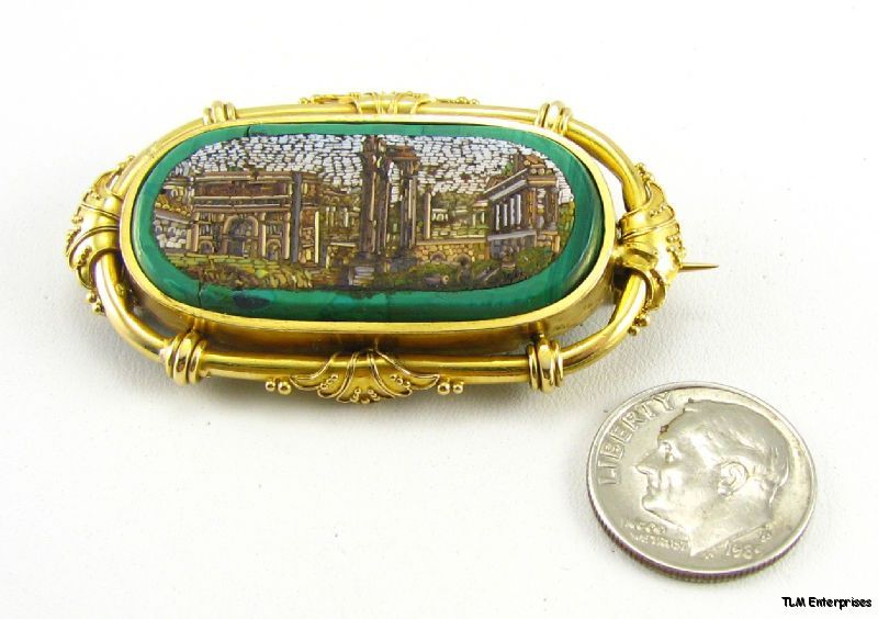 Antique Roman Ruins MICRO MOSAIC Brooch   22K Gold Italy Italian 