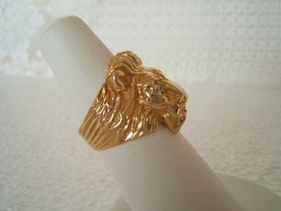 Stunning 14k Gold Leo Lion Head ~ Diamond Eyes and Ruby Mouth~Ladies 