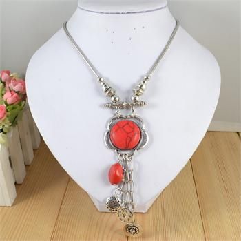 Antique Silver Plated Red Turquoise Stone Flower Pendant Necklace N100 
