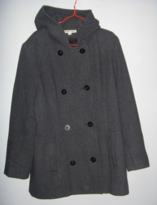 Womens GRAY PEA COAT double breasted with hood 100% WOOL small medium 