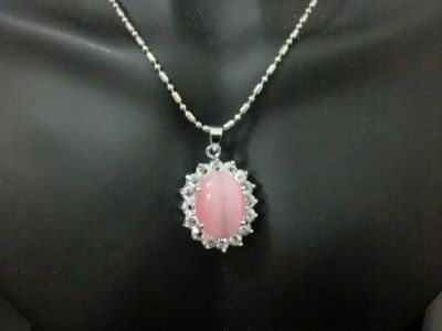 Silver Plated Pink Color Cats Eye Gemstone with Crystal Lady Oval 
