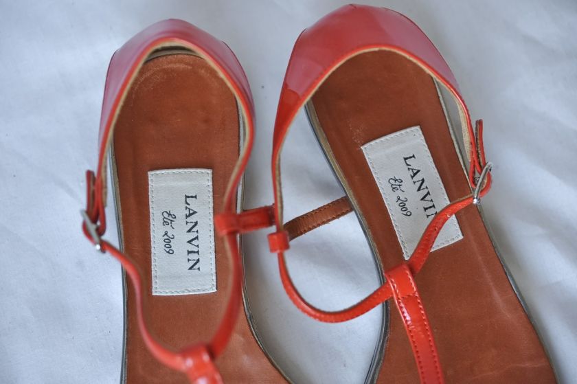 LANVIN Orange&Silver Patent Leather T Strap Thong Flat Shoe 36.5 6.5 