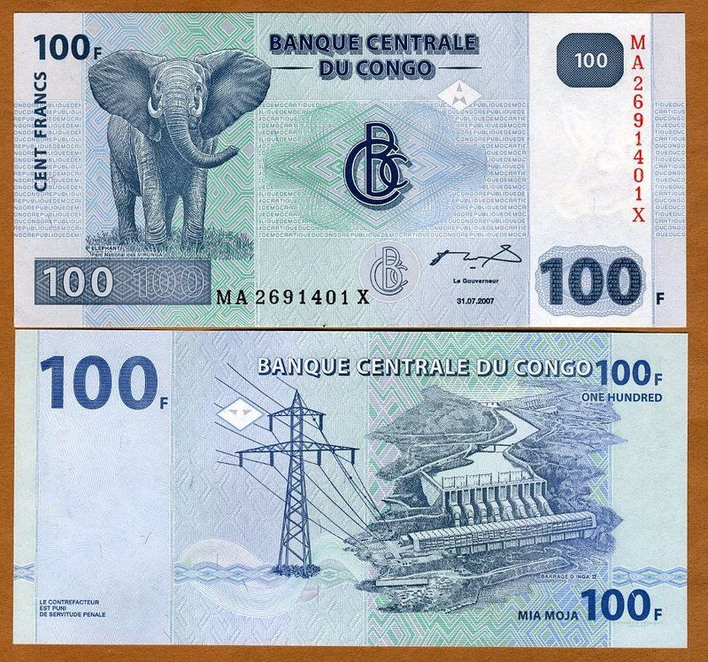 Congo D.R., 5 x 100 Francs, 2007, P New, UNC  Elephant  