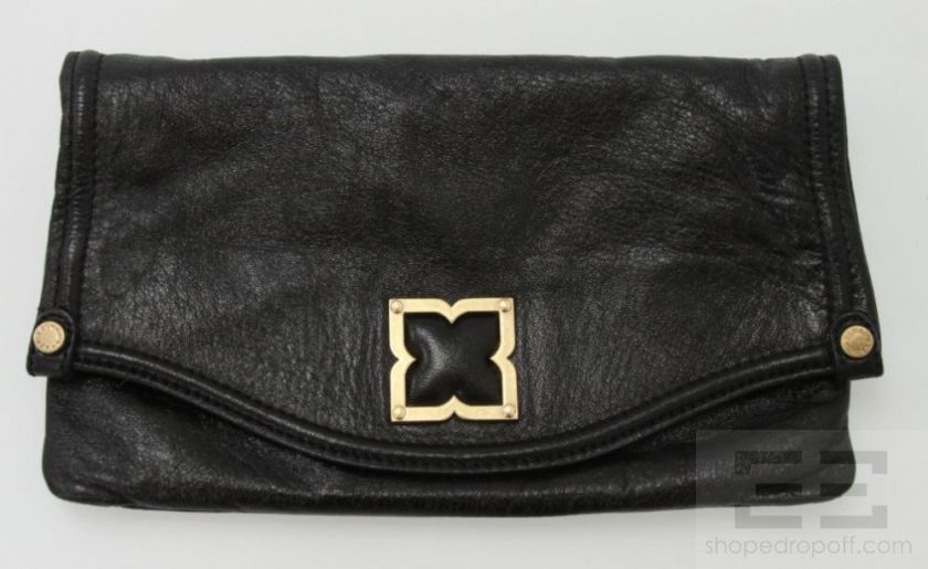 BCBG Max Azria Black Leather & Gold Hardware Foldover Flap Clutch Bag 