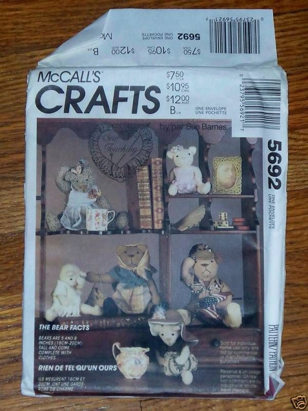 McCalls 5692 Teddy Bear Facts Stuffed Doll Craft Sue Barnes Pattern 
