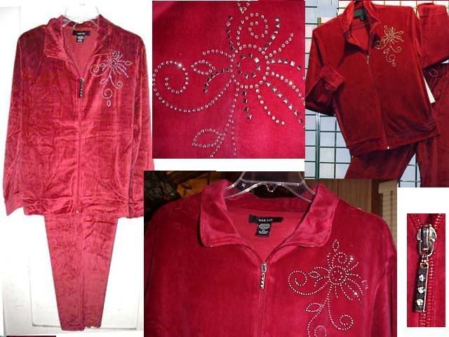 Kaktus Set Jacket Pant Velour Zip Red Rhinestone Sz 1X  