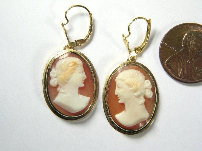 ANTIQUE ENGLISH 9K GOLD CARVED CAMEO EARRINGS c1920s  