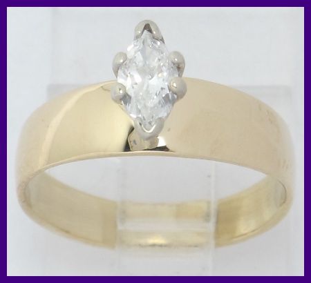   Gold Marquise Diamond Solitaire Wide Band Engagement Ring .34ct  