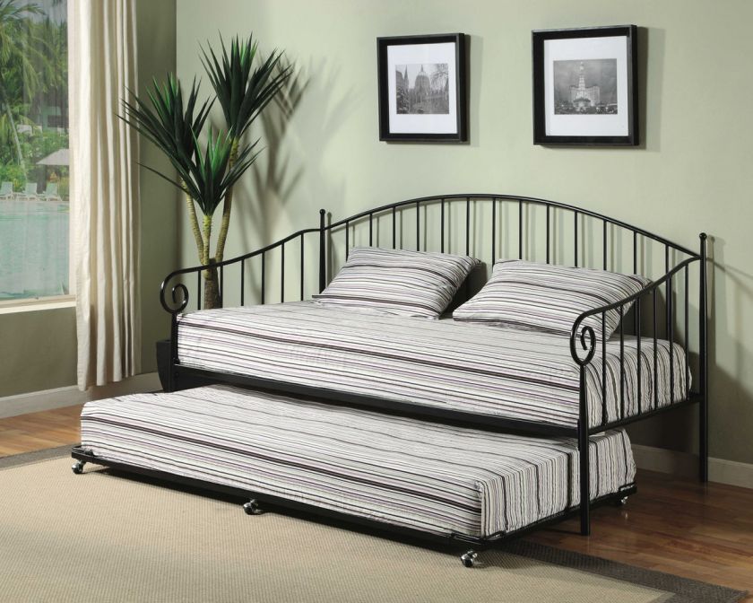 Black Metal Twin Size Day Bed (Daybed) Frame with Pop Up Trundle 