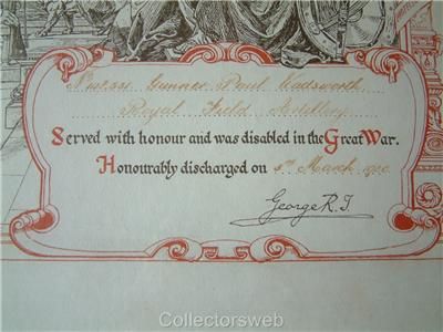 WW1 WAR & VICTORY MEDAL PAIR DISCHARGE CERTIFICATE GNR P WADSWORTH R 