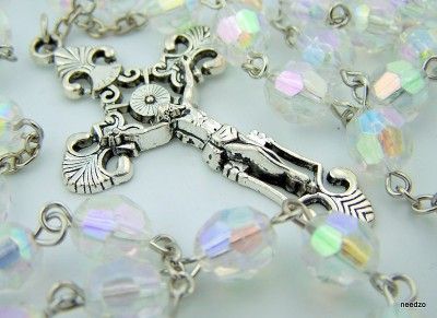 Tin Cut Madonna & Child Jesus Beads Silver Cross Rosary  