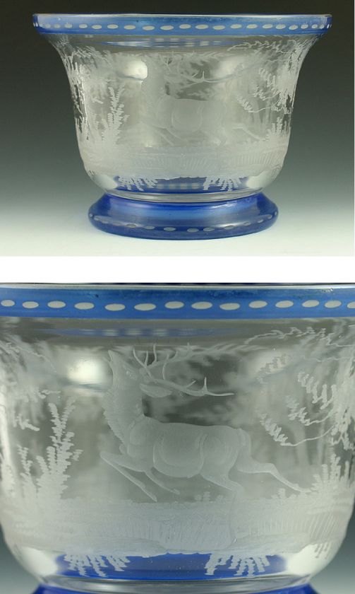 UNUSUAL BOHEMIAN BLUE GLASS OVERLAY STAG BOWL c1860s  