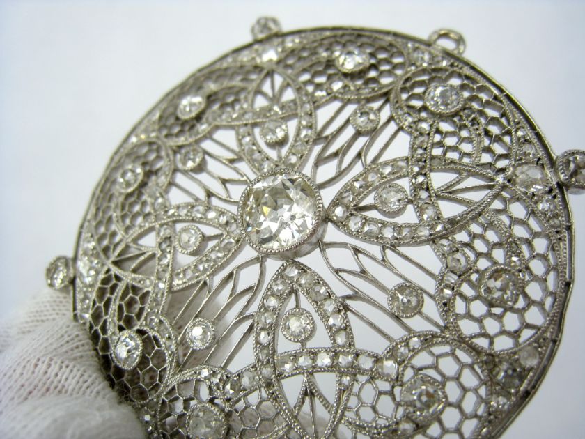   Deco 7.5ct Diamond Filigree Honeycomb Web Circle Platinum 55mm Brooch