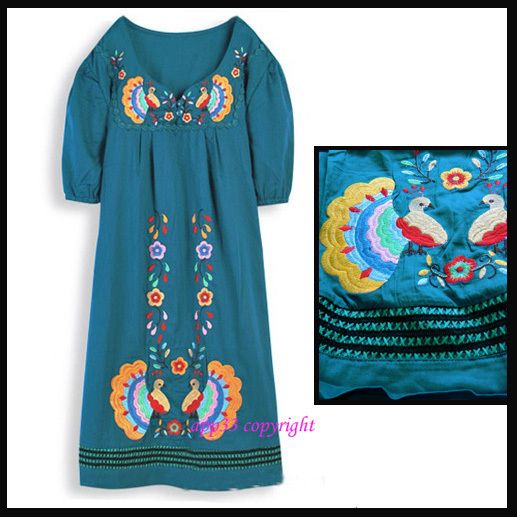   Bird PEACOCK Embroidered MEXICAN Hippie dress BOHO LONG TOP Navy Green