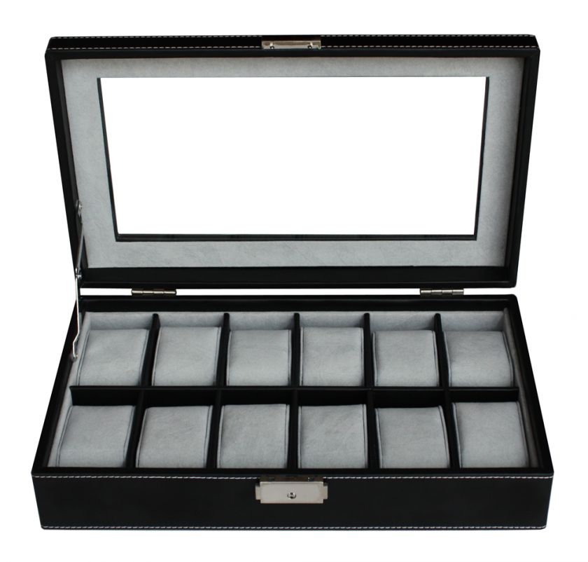 12 BLACK LEATHER MENS WATCH DISPLAY CASE STORAGE BOX  