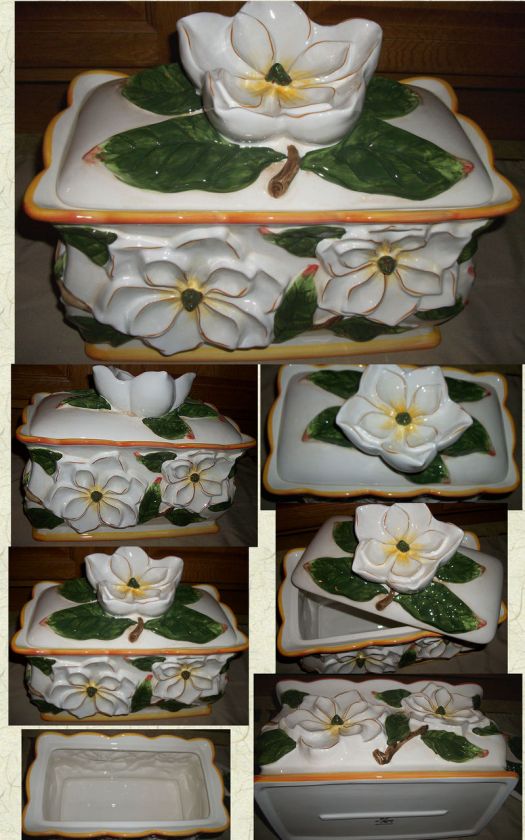 EXQUISITE MAGNOLIA CANISTER JAR HANDPAINTED CERAMIC 3D DECORATIVE 