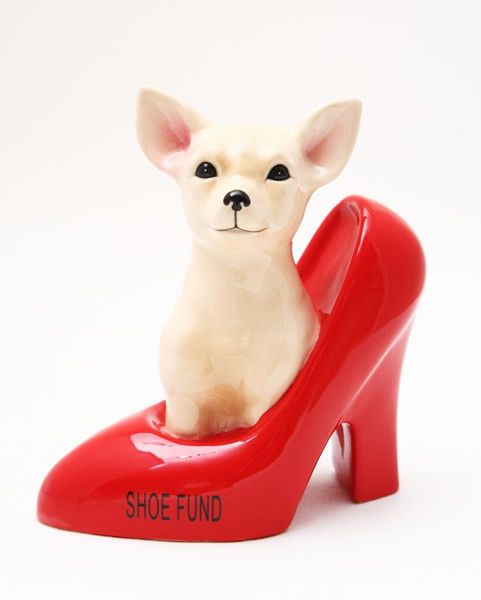 CHIHUAHUA IN RED HI HEEL SHOE FUND MONEY BANK 8H CERAMIC FIGURINE 