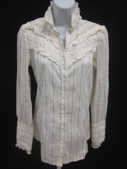 ZARA BASIC Ivory Pinstripe Button Up Ruffle Shirt Sz S  