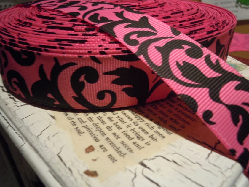 HOT PINK & BLACK DAMASK SWIRL GROSGRAIN RIBBON BY THE YARD BOWS  