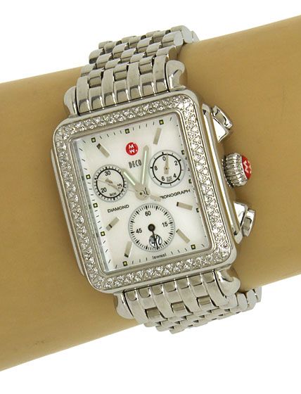   MICHELE DECO STAINLESS STEEL DIAMONDS WATCH W/ BOX   RETAIL$ 1650