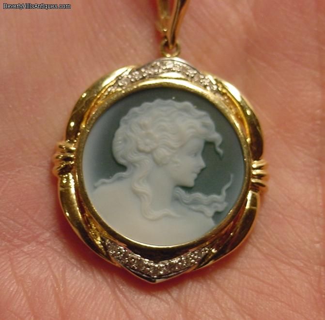 Exquisite 14K Cameo Glass Gold & Diamonds 18K Necklace  