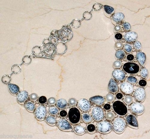 DENDRIC OPAL ONYX PEARL .925 STERLING SILVER NECKLACE  