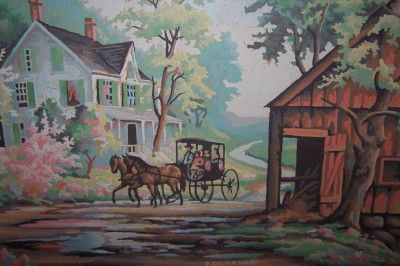 Vintage Signed Paint by Number Picture Amish Family  