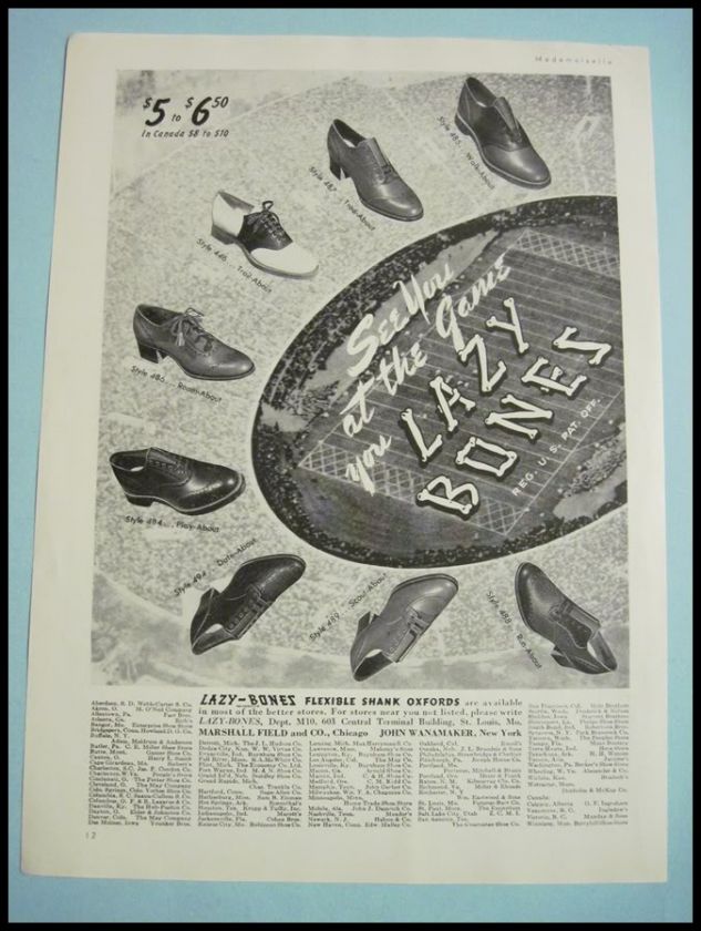 1940 Vintage Lazy Bones Shoes Football Stadium 40s Ad  