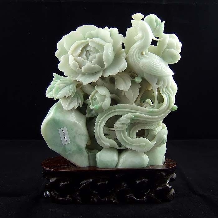 Exquisite 5lbs Chinese Carved Jadeite Jade Vivid Peony Phoenix Statue