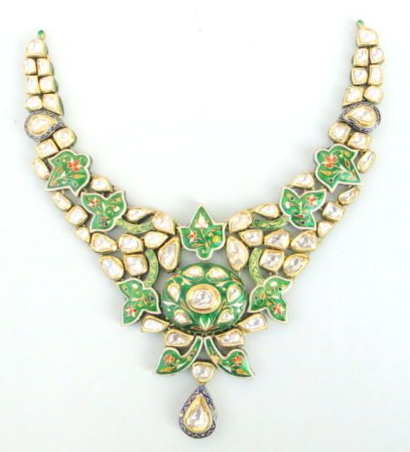 ANTIQUE 20 K GOLD DIAMOND KUNDAN ENAMEL WORK NECKLACE  