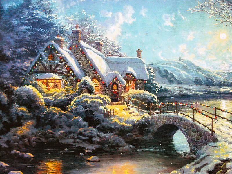 Christmas Moonlight 18x24 S/N Limited Edition Thomas Kinkade 