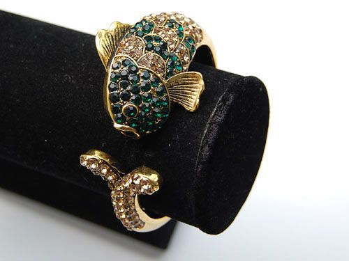   Emerald Topaz Crystal Rhinestone Koi Fish Cuff Bangle Bracelet  