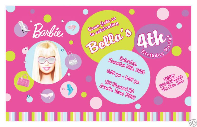 Set of 10 Barbie Personalized Birthday Invitations  