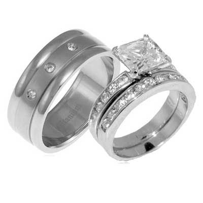 Mens Womens Titanium Silver 925 CZ Engagement Wedding 3 Pcs Ring Set 