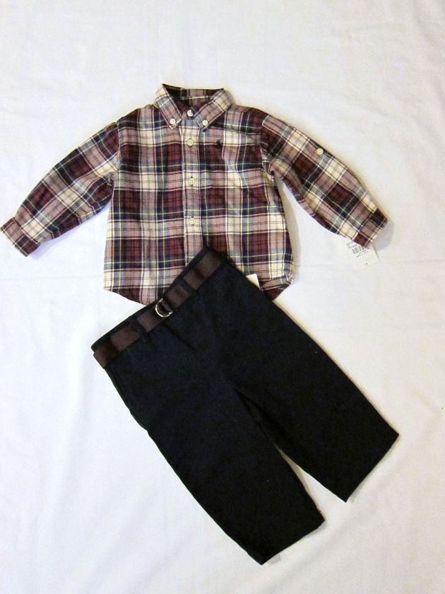 NWT Polo Ralph Lauren Boys Sz 3m Plaid Shirt & Chino Pant Set 2Pcs 