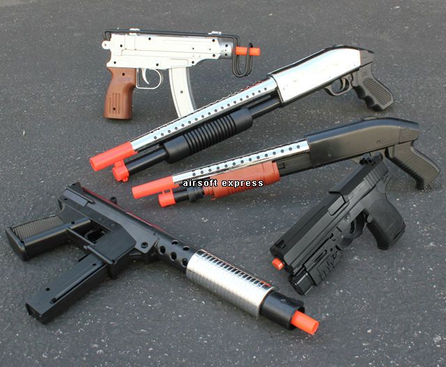 Lot of 5 Airsoft Guns  2 Shotgun, 2 Uzi, 1 Pistol  plus 1,000 Free 