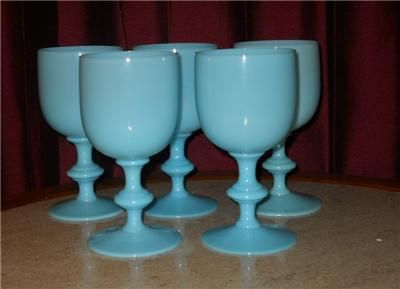 Portieux Blue Opaline Glass Water Goblets Set of 5 6 1/2  