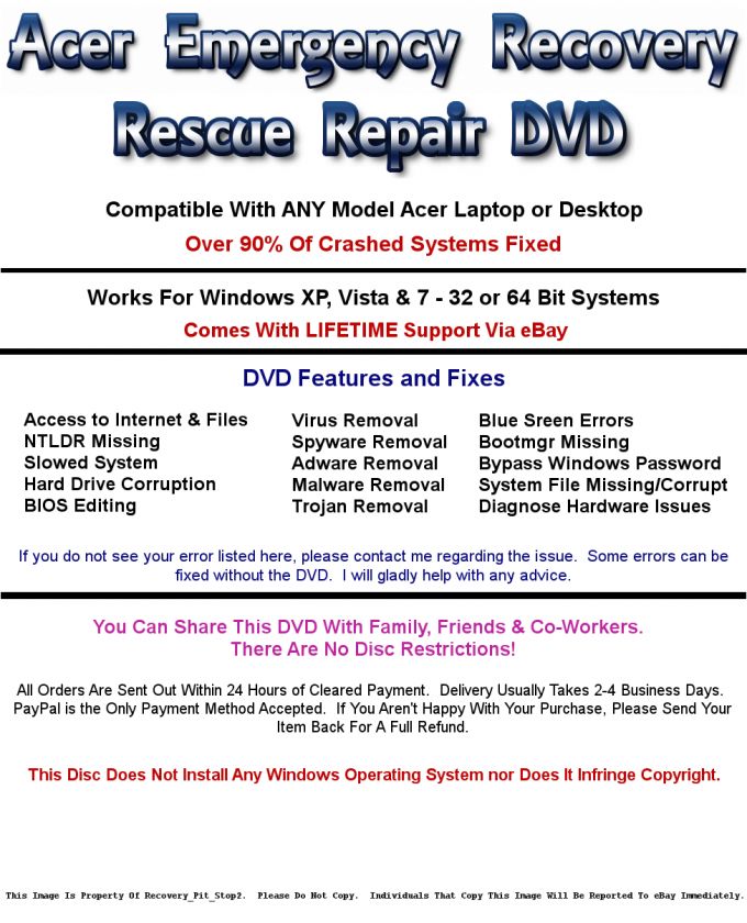 ACER EMERGENCY RECOVERY CD   WINDOWS XP/VISTA/7   DONT PAY $10 OR 