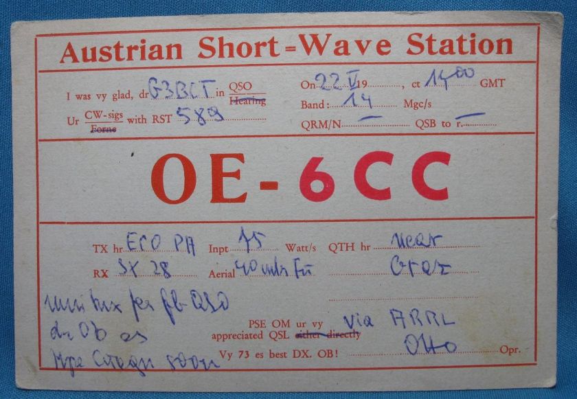   Short Wave Post War OE6CC Ham Radio Operator Otto QSL Card  