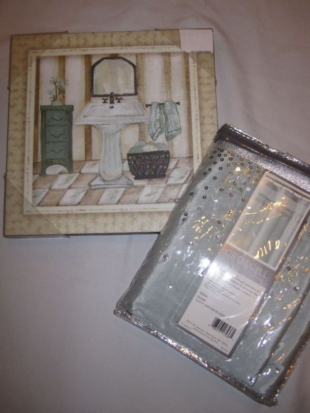 NEW Croscill Sequins Rhinestones Aqua GLOW Shower Curtain & Picture 