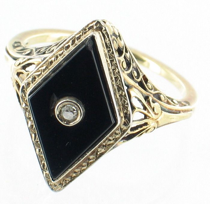 ANTIQUE 14K TWO TONE GOLD FILIGREE ONYX DIAMOND RING SIZE 5  