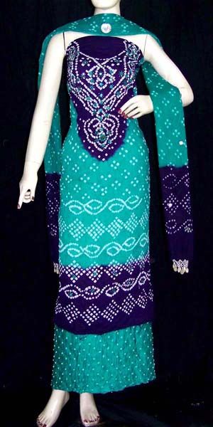   BANDHINI COTTON SALWAR KAMEEZ SUIT MATERIAL MIRROR WRK LADIES DEN