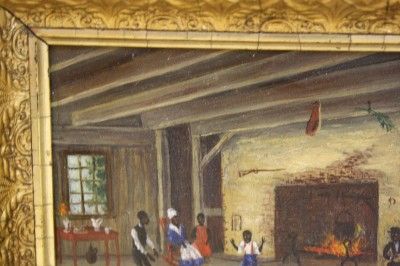 19C BLACK AMERICANA PAINTING INTERIOR CABIN SCENE PEOPLE DANCING 