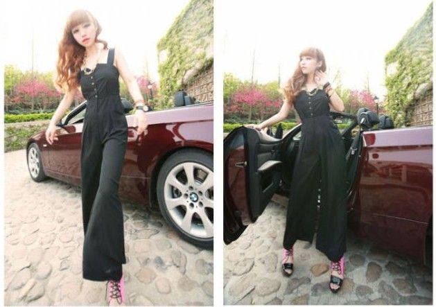 wholesale European Style Graceful Button Front Jumpsuits Black