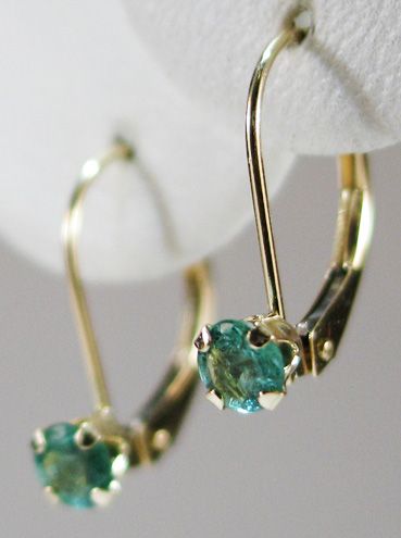    GENUINE NATURAL EMERALD EARRINGS~14 KT YELLOW GOLD LEVERBACK~4MM