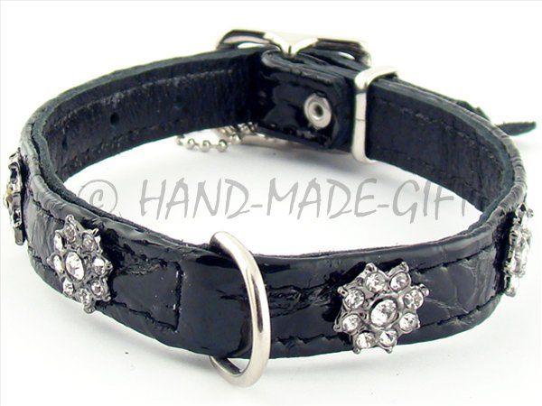 11 Genuine Leather Dog Collar CRYSTAL FLOWERS Studs  