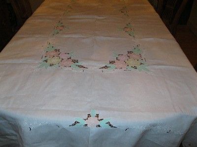 VINTAGE SCALLOPED WHITE LINEN EMBROIDERED APPLIQUE TABLECLOTH 102 X 