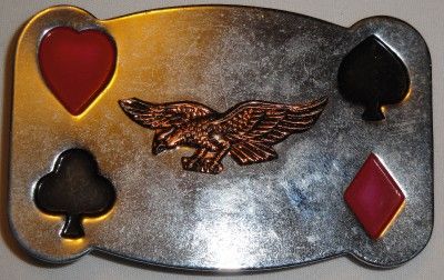   CARD PLAYERS BELT BUCKLE   HEARTS DIAMONDS CLUBS SPADES W/ EAGLE VTG