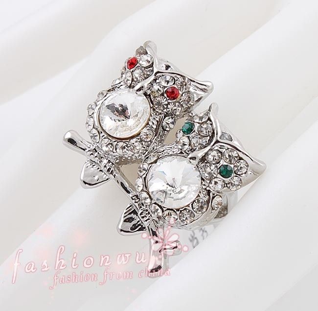   Silver Plated Stylish Premier Style Rhinestone Double Owl Jewelry Ring